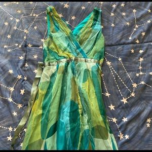 Green, blue, and turquoise silk dress